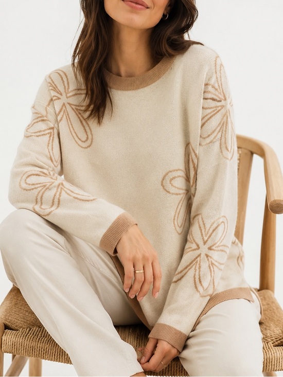 Sweaters - Floral Sweater Cream Beige Oversized Soft Knit Crewneck Casual Size Large NWT